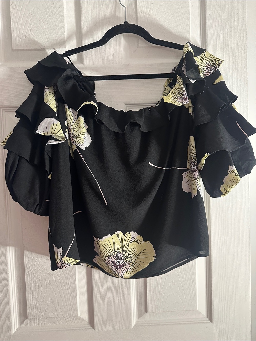 1. State Black Off-Shoulder Floral Ruffle Top